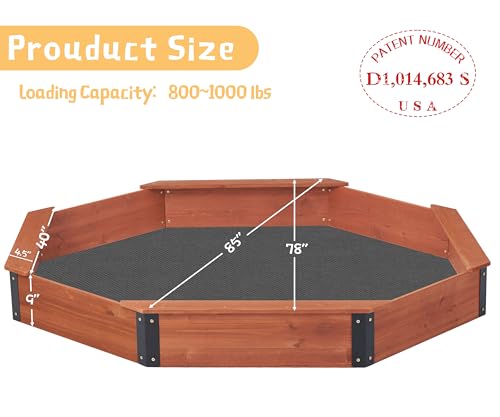 85''x78''x9'' Octagon Sandbox with Cover for Kids Outdoor Play, Wood Large Sandpit with 4 Benches, Quick Easy Install, US. Patented