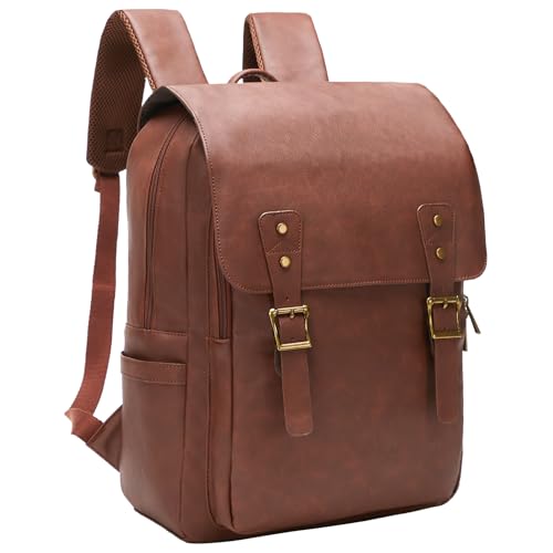 NEHOR Leather Backpack for Men Women 15.6in Laptop Backpack Waterproof Vintage Backpack for Commute Work Travel College Bookbag Dark Brown
