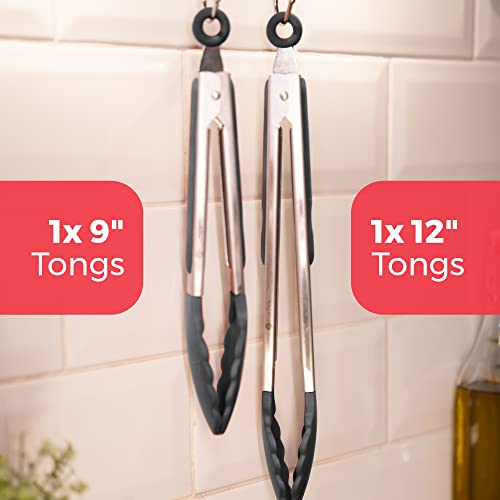 Starpack Premium Silicone Kitchen Tongs For Cooking Set (9" & 12" Gray Black) - Stainless Steel Tongs For Cooking With Silicone Tips - Non-Stick, High Heat Resistant Silicone Tongs (600°F) #TOP3