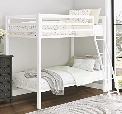 Allewie Metal Bunk Bed Twin Over Twin Size for Junior & Adults with Ladder and Heavy Duty Guardrail, Small Space Saving Design for Bedroom Kid Room and Dorm, White