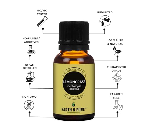 Image of Earth N Pure Lemongrass Essential Oil - Steam Distilled for Fresh Aroma, Focus & Relaxation - 100% Pure & Undiluted | 15ml