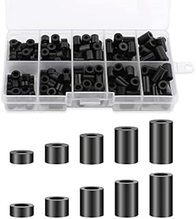 Prasacco 200 Pcs ABS Round Spacers Washers Assortment Kit, Insulation Spacer for M3 M4 Screws, Non Threaded Column Standoff Support Spacers Washers, 10 Different Sizes, Black
