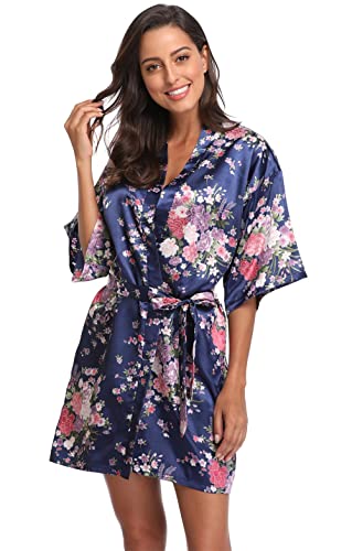 Season Dressing Floral Satin Kimono Robes Short Bridesmaid Robe For Parties Wedding Robes, Navy X-Large #TOP2