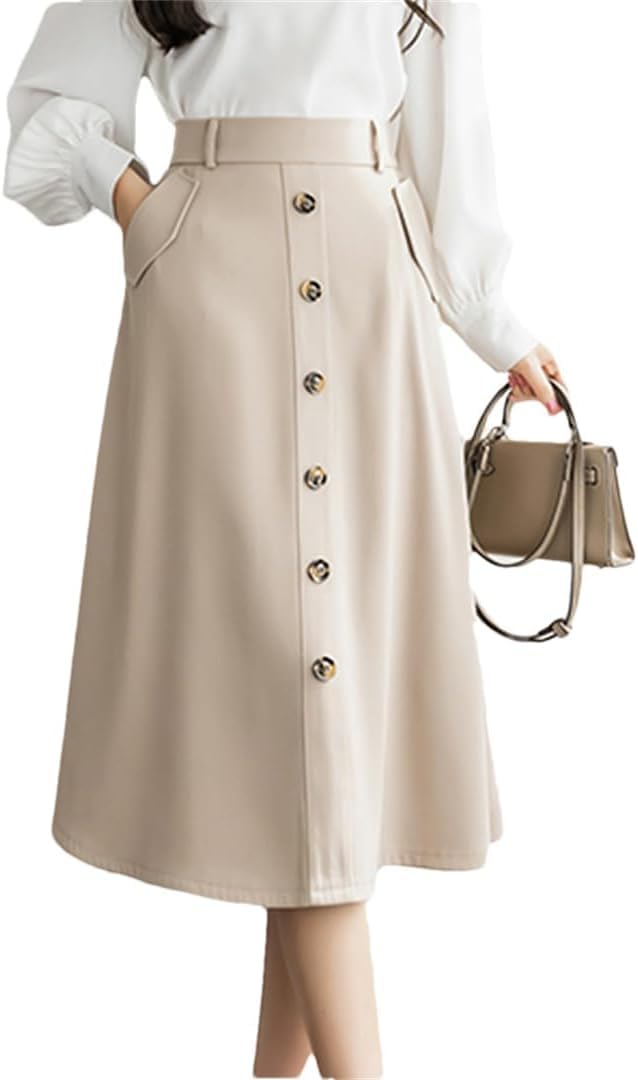 Gonne da Donna A Vita Alta, Monopetto, Midi, con Tasche, Eleganti, da Ufficio, Abbinabili, A Trapezio, Light Khaki Skirts, S