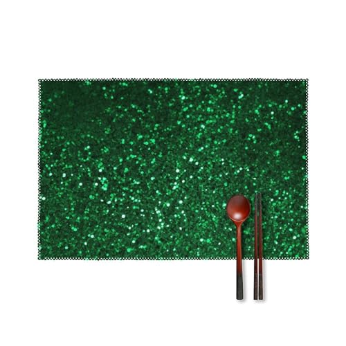 Placemats Set of 4 Heat Resistant Placemats for Dining Table Washable Placemats Green Sequin Sparkle Table Mats Non-Slip Woven Placemats for Kitchen Wedding Party Decoration 12 X 18 Inch