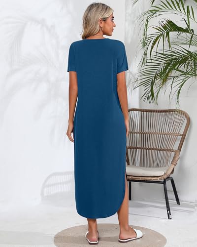 Image of Riyiper 2 Pieces Women's Short Sleeve Maxi Dress Round Neck Casual Loose Split Long Summer Beach Shirt Dress with Pockets