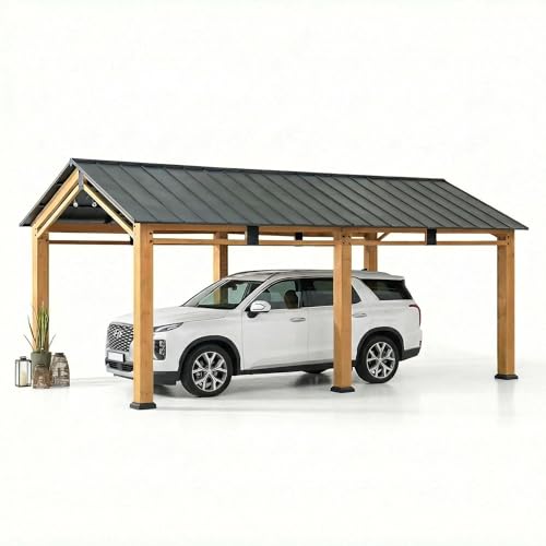 SUNJOY 6 x 3,36 m Garten-Carport aus Zedernholz, mit pulverbeschichtetem Stahldach, Autoschutzdach, Outdoor-Schwerlastgarage, 6 Pfosten (14 cm), UV- und Wetterschutz, geeignet für Hof, Veranstaltungen
