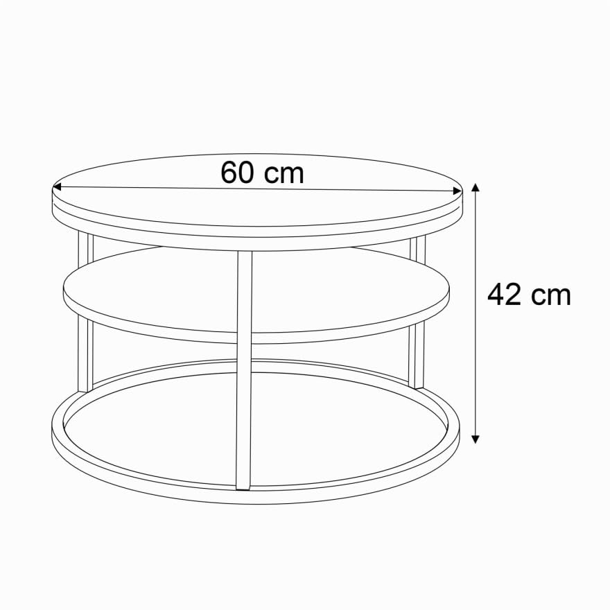 Lookway Couchtisch CIRI Slim – Runder 60 cm Wohnzimmertisch im Holzdekor, Mit Ablage, Moderner Beistelltisch (Eiche Wotan/Schwarz)