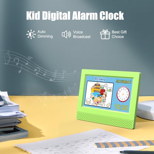 Image of Kids Digital Alarm Clock with Voice Scene Reminders, 7 inch Eye-Caring Display | Watercolor Wallpapers, Auto Dimming DST /Calendar Clock, Sleep Trainer Easy Setup Gift-Ready Box for Kids Birthday with Remote