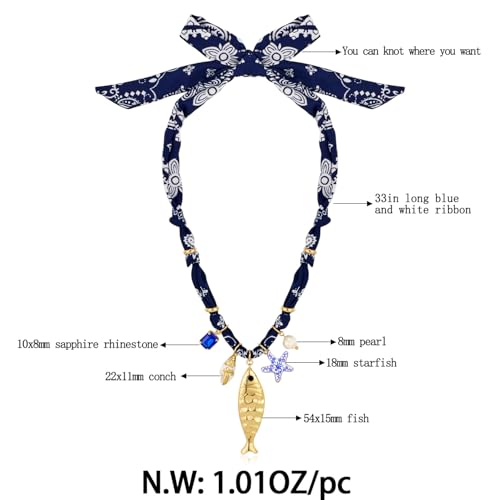 Chunky Gold Fish Pendant Necklace For Women Long Silk Scarf Turquoise Strand Necklace With Fish Pendants Boho Beach Shell Statement Necklaces4