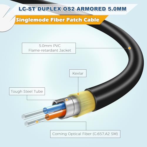 Image of 30ft / 10m Armored OD-5mm OS2 LC to ST Single Mode Fiber Cable, LC-ST Fiber Optic Patch Cord, Duplex 9 /125um SMF Optical Jumper, Black