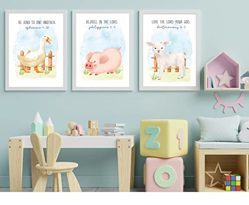 Xla Farm Animals Wall Art Prints，Watercolor Sky, Farm Animals Theme Nursery Kids Bedroom Hanging Wall Art Decor, Pig, Sheep, Duck，Bible Christian Verses, Set Of 3 (8"X 10")-No Frame #TOP1
