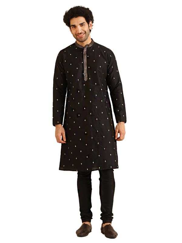 Ensemble kurta churidar noir en coton léger coupe régulière à manches longues