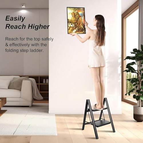 Image of Boniry Compact 2 Step Folding Ladder with Non-Slip Steps | Lightweight & Durable Step Ladder | Perfect for Home, Kitchen, or Office Use - Black Finish