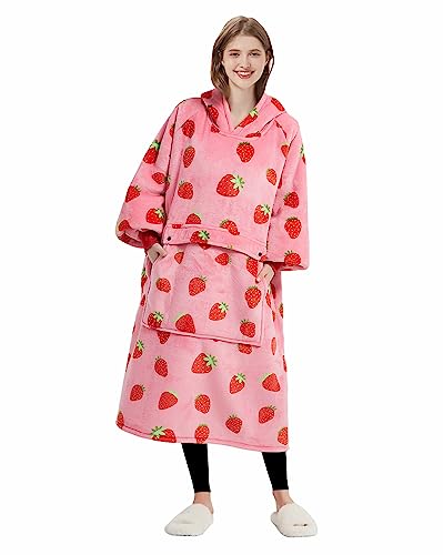 Image of KFUBUO Wearable Blanket Hoodie for Adults With Pocket Strawberry Extra Long | Sherpa, Fuzzy Blanket Hoodie, Oversized Sweatshirt Blanket, Kangaroo Pouch, Cute Birthday Gifts for Women, Cute Stuff