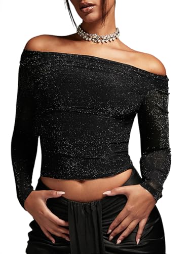 WDIRARA Women's Glitter Off The Shoulder Ruched Long Sleeve Cocktail Party Crop Top Black M