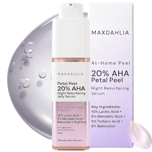 MAXDAHLIA Petal Peel 20% AHA At-Home Peel Serum – Lactic + Mandelic Acid Night Exfoliating Treatment with Bakuchiol for Dark Spots, Fine Lines, Uneven Skin Tone & Acne Marks