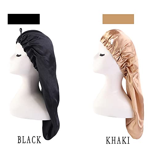 2 Pcs Long Satin Sleep Cap For Women,Girls Silky Cap For Sleeping Large Satin Bonnet Single Layer Sleep Cap With Button For Long Curly Hair Protection(Black,Khaki) #TOP4