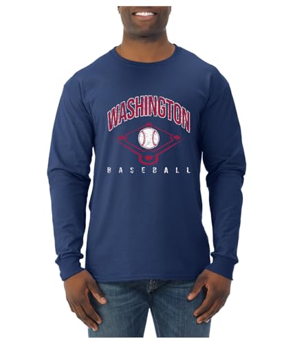 American Baseball Fan Washington Shirt – Vintage Distressed Field Sports Tee, Retro USA Game Day Mens Long Sleeve Shirt, Navy, Large
