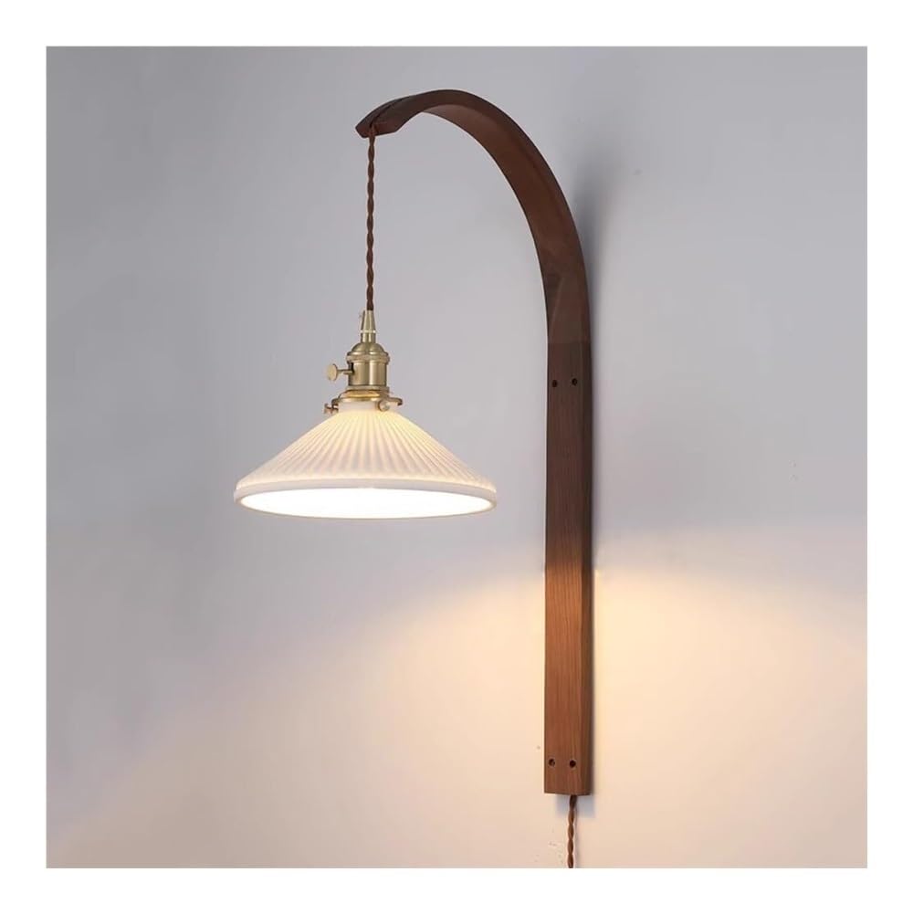 OZBMA White Ceramics Wall Light Fixture Farmhouse Wood Sconce Vintage Glass Lamp for Bedroom Bedside Living Room Cafe Dining