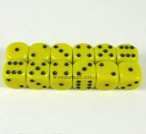 Yellow Dice Black Pips D6 12mm (1/2in) Pack of 12 Wondertrail WCX25802E12