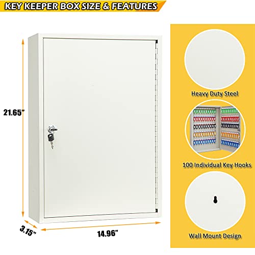 Furnishh Key Lock Box Wall Mount 100 Position Metal Locking Key Cabinet Organizer With Key Tags Key Safe Security Storage Lockbox Holder For Valets, Hotels, Car And House Keys, Key Keeper Box - White #TOP2
