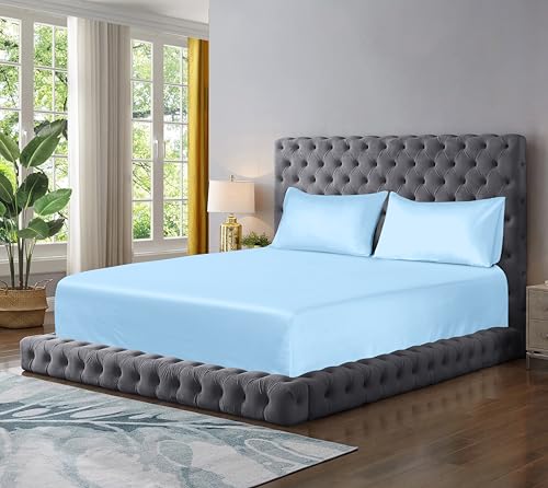 Fitted Sheet Extra Deep Pocket 16 inch (40cm) Bedding Soft Brushed Microfibre Fabric Shrinkage and Fade Resistant Non Iron Bottom Fitted Sheet (Sky Blue, King)