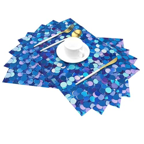 Mexpekil Juego de 6 manteles individuales tejidos resistentes al calor, de PVC, con purpurina azul, decoración de mesa para comedor, cocina, boda, fiesta