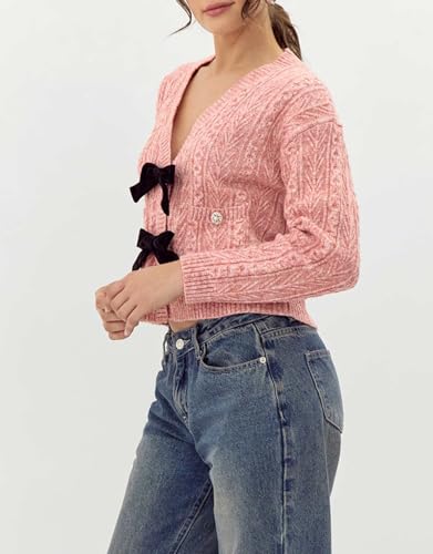 Image of Women's Bow Front Cardigan Cropped Button Button Down V Neck Cropped Cable Knit Sweater Tops Pink
