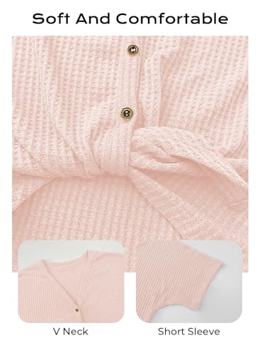 MIHOLL Cute Shirts for Women Short Sleeve V Neck Button Down T Shirts Tie Front Knot Casual Tops (X-Large, Pink)