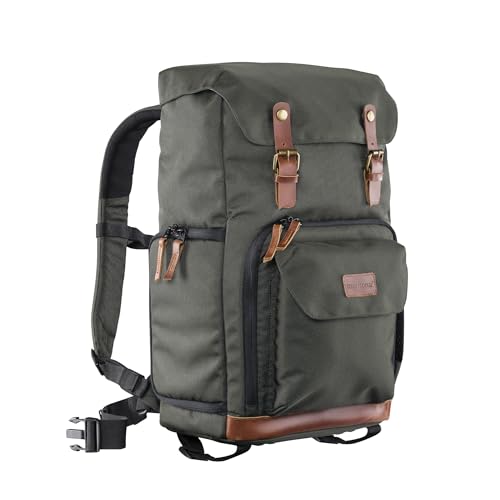 Mantona Luis Retro Fotorucksack grün mit Leder, Kamerarucksack inkl. Regenschutzhülle, Fototasche mit Laptopfach, Backpack geeignet für 1 x DSLR-Kamera,...