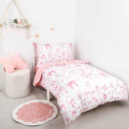 Toddler Bedding Set for Girls 4 Pieces Pink Rose, Soft Breathable Toddler Comforter Set, Bow Flower Print, Includes Reversible Comforter, Fitted Sheet and Flat Sheet, Pillowcase by Jundetye - Image 7