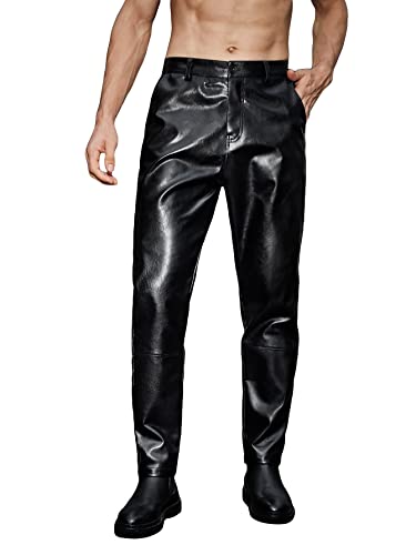WDIRARA Men's High Waisted PU Leather Zipper Fly Solid Tapered Pants with Pockets