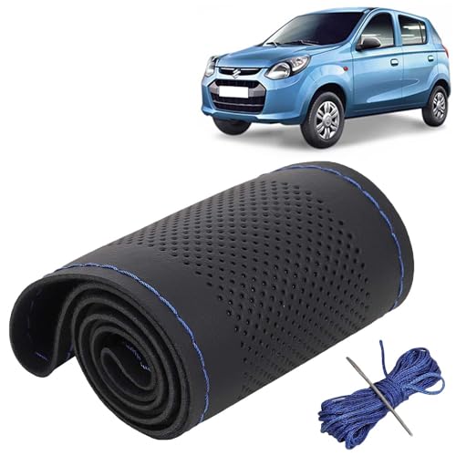 Image of KINGSWAY PU Leatherite Car Steering Cover Sewable Compatible with Maruti Suzuki Alto 800 (Year 2012 Onwards), Black Color with Blue Thread, Pack of 1 with Sewing Needle and Thread