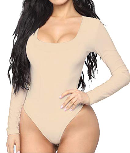 Allchic Womens Long Sleeve Bodysuit Tops Scoop Neck T Shirt Jumpsuits (Scoop Neck Nude, Large)