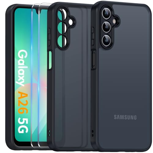 COPIKE Funda Mate para Samsung Galaxy A26 5G y Protector de Cámara, Carcasa Antigolpes Helada Translúcida Antihuellas con 2 Piezas Cristal Templado, Negro