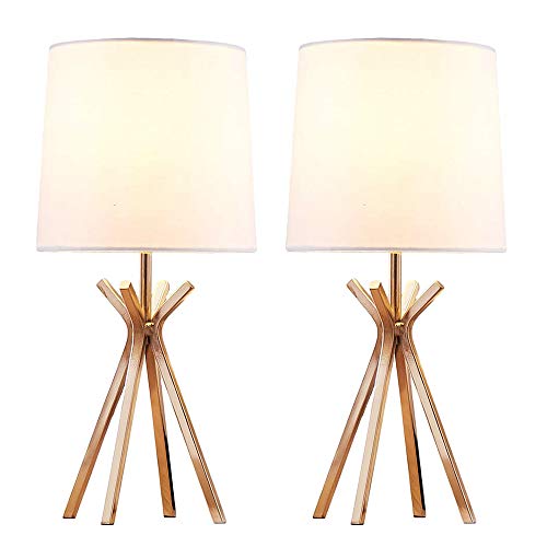 New Arrivals CASILVON Gold Table Lamp, Set of 2 Mini Small Bedside Desk Lamp White Fabric Shade Hollow Out Base Night Light Stand Bedroom Lamp for Living Room Dorm Room