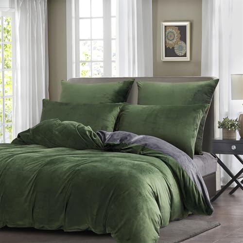 Gezu - Funda nórdica de invierno, 200 x 200 cm, color verde y gris, franela de terciopelo, doble cara, espesa, cálida, para adultos, ropa de cama para 2 personas, con 2 fundas de almohada de 65 x 65