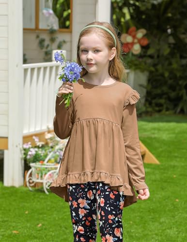 Image of Yekaty Girls Clothes Ruffle Shoulder High Low Hem Long Sleeve Top and Floral Pants 2 Piece Fall Outfits Clothing Set