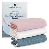 MainBasics Exfoliating Shower Towel - Japanese Nylon Bath Towel and Body Washcloth, Quick-Dry, Durable, Deep Exfoliation (Set of 3, Airy Blossom)