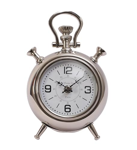 Image of Decor de Maison Brings Handcrafted The Belvedere Table Clock for KidsRoom, Living Room, Bedroom, Office |Classic Non-Ticking Tabletop Battery Operated Analog Desk Clock in Silver (14x8x23cm)