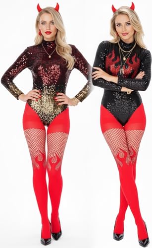 Image of ToBeInStyle Women's Flame Burning Fire Tights w /Devil-Inspired Print Hosiery