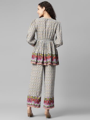 Image of DEEBACO Women's Ethnic Motif Print Rayon Top & Pants Co Ord Set For Women V Neck 3 /4 Puff Sleeve Ladies Party Casual Wear Fashionable For Girls Loose Fit Cord Set (DBCOMR00000979 M Multicolor)