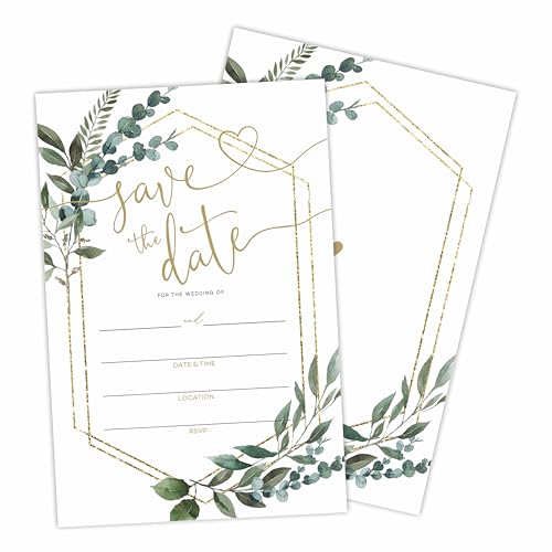 luixd Save The Date Wedding Invitations, Greenery & Golden Geometry, 25 Wedding Invites With Envelopes, Fill In Style Invites For Mr & Mrs Celebration, Party Favor & Supplies - A05