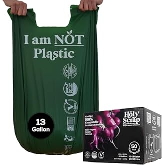 HOLY SCRAP! Large Compostable Trash Bags - 10-13 Gallon, 50 Pack, 100% Plastic-Free Decomposing Easy-Tie Trash Can Bags & Liners, Thick Kitchen, Bathroom & Backyard Bin Bags for Food & Green Waste
