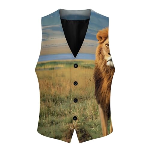 African Lion at Lake in National Park Men's Suit Vest Waistcoat Vests Formal Dress with 2 Pockets for Business Casual Tuxedo3