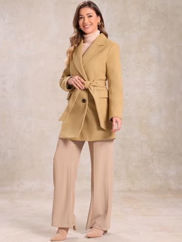 Allegra K Women's Notch Lapel Double Breasted Belted Mid Long Outwear Winter Coat3