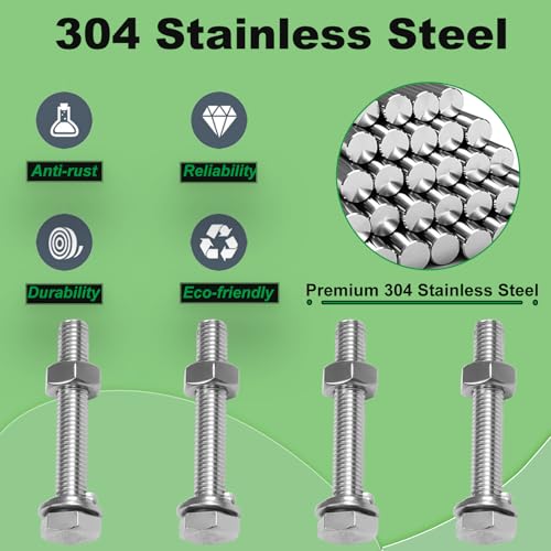 Image of M8x50mm Hex Bolt with Hexagon Nut, Flat Washers, Spring Washers | M8-1.25 Hex Bolts Stainless Steel 304 Fully Threaded Hex Tap Metric Hexagon Head Screw Right Hand External Hex Drive