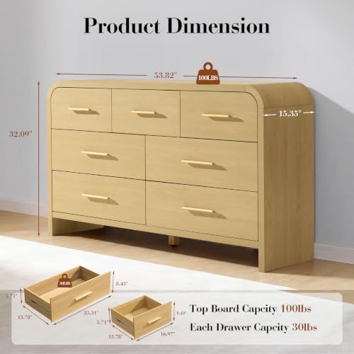 Image of Curved Drawer Dresser for Bedroom with 7 Drawers, 54'' Wide Chest of Drawer