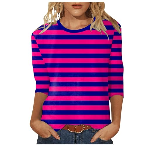 Damen T-Shirt 3/4 Arm Oberteile Tops Rundhalsausschnitt Gestreift Druck...